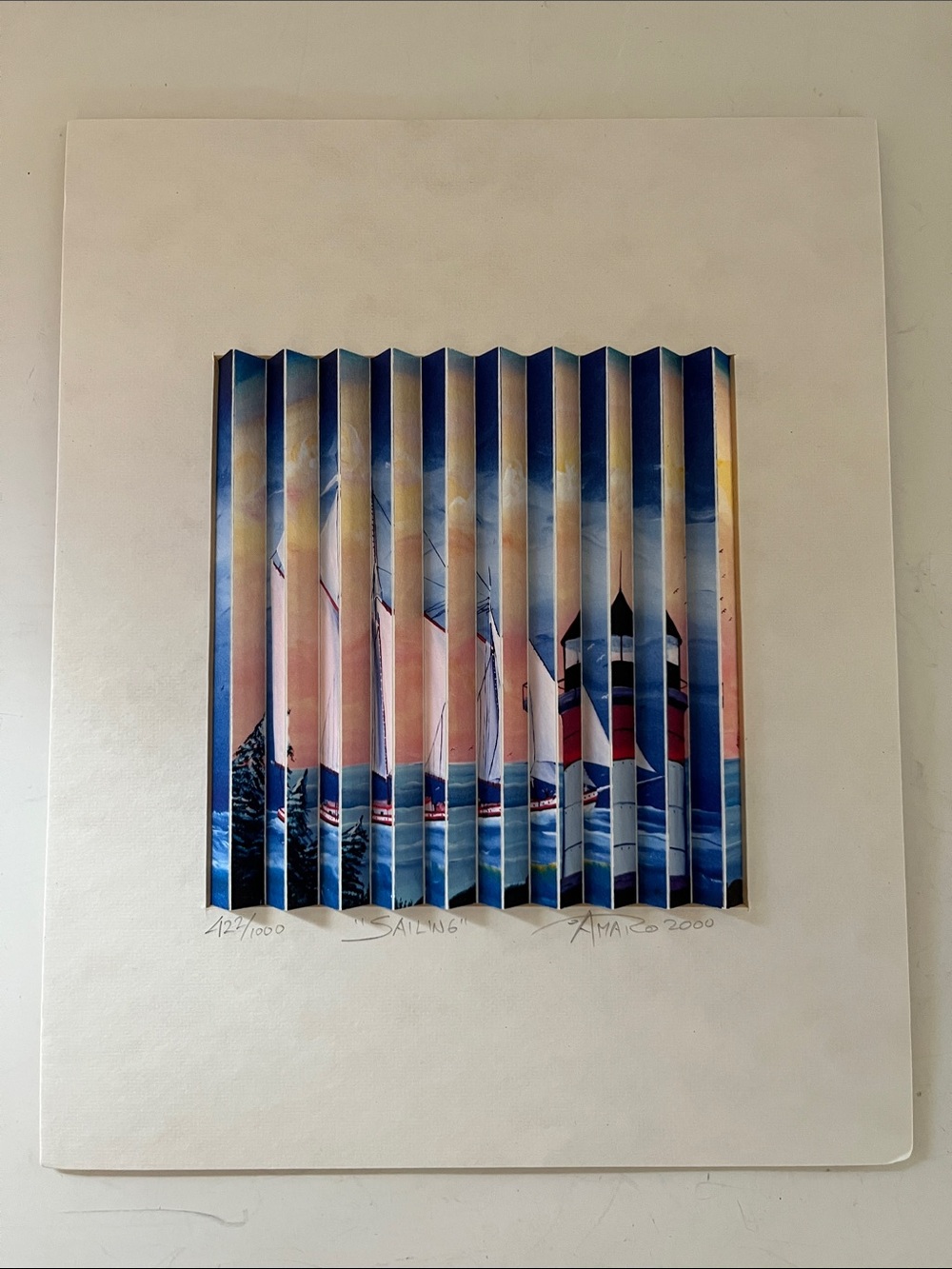 Kinoptic signed print of ‘Sailing’ (Boat/ Lighthouse) by Amaro 2000
